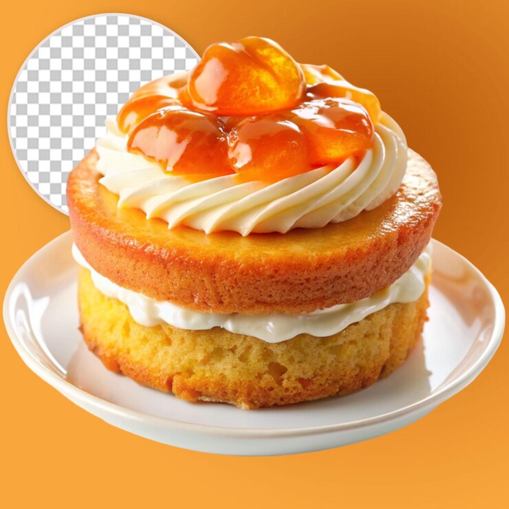 PSD pastel con crema y mermelada de naranja en un plato