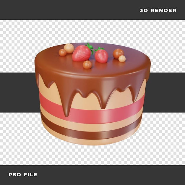 Pastel de cumpleaños 3D con fresa sobre fondo transparente