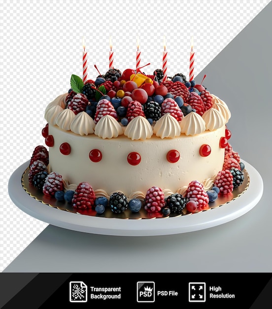 Pastel de cumpleaños aislado con crema con fruta y velas en un plato blanco png psd