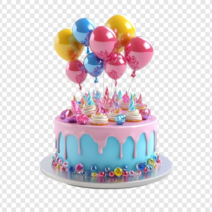 PSD pastel de cumpleaños festivo con globos, golosinas y decoraciones de colores