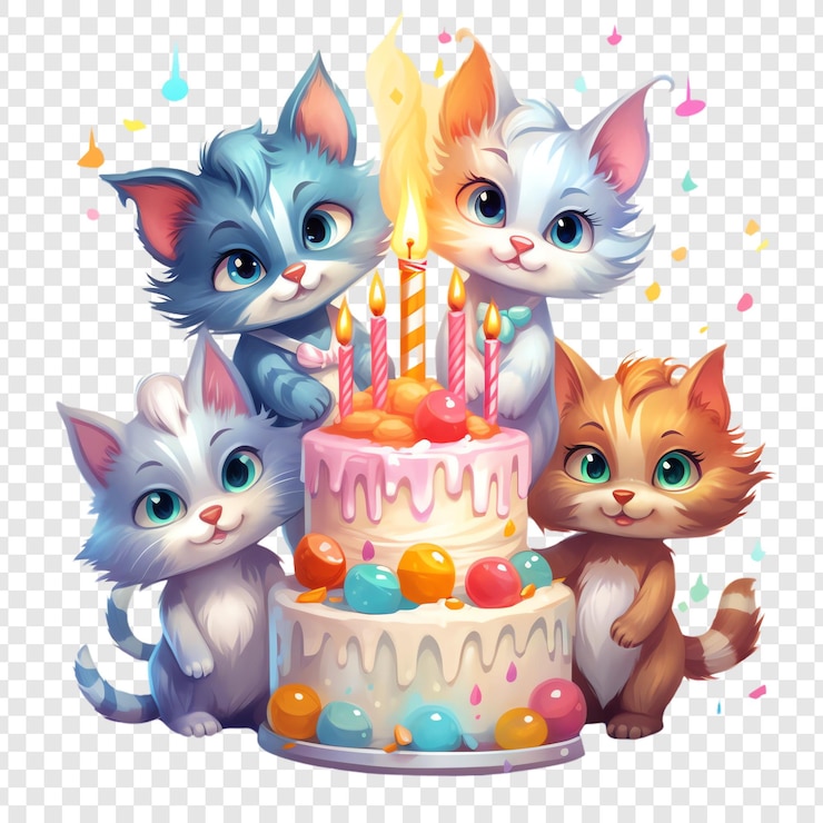 PSD un pastel de cumpleaños con un gato y un pastel con las palabras cumpleaños de gato en él
