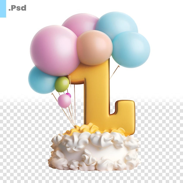 PSD pastel de cumpleaños número 1 con globos y crema renderizado en 3d aislado en una plantilla psd de fondo blanco