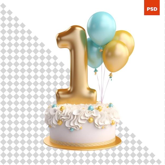 PSD pastel de cumpleaños número uno con crema blanca y globos 3d rendering aislado sobre fondo blanco.