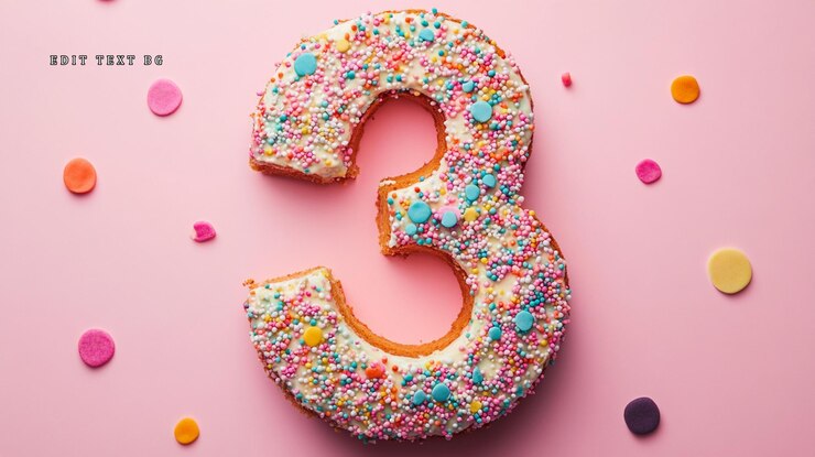 PSD pastel de cumpleaños número tres en fondo rosa