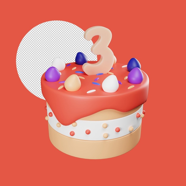 pastel de cumpleaños con vela número 3, renderizado 3d realista