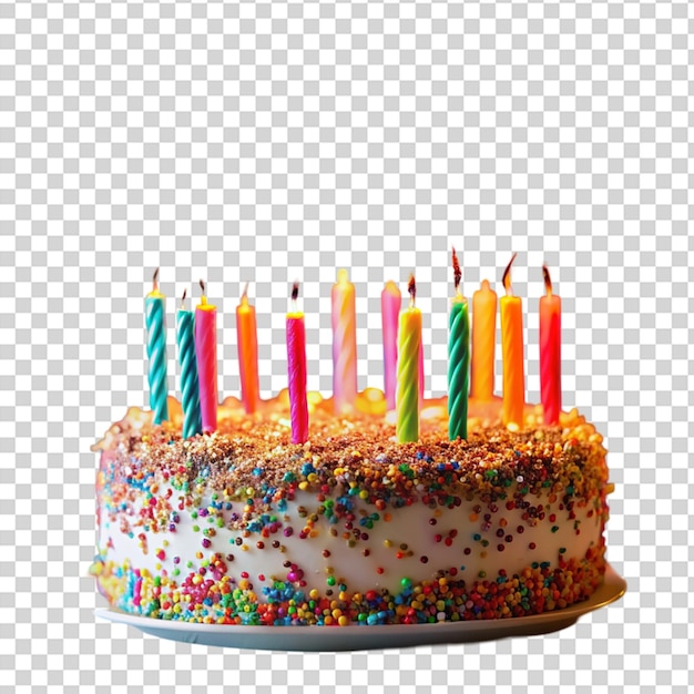 Pastel de cumpleaños con velas en un fondo transparente
