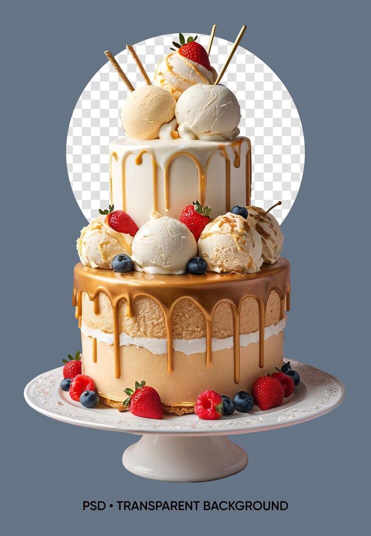 PSD un pastel con helado y fresas en la parte superior
