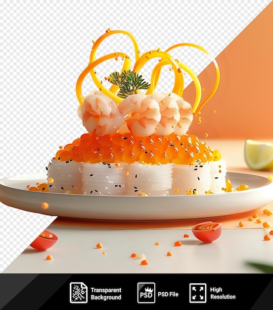 Pastel de kimchi único en un plato blanco adornado con un anillo amarillo colocado en un fondo transparente contra una pared naranja con una planta verde en el fondo png