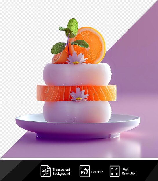 PSD pastel korokke con rebanadas de naranja en un plato blanco acompañado de una flor blanca y una hoja verde contra una pared púrpura con un reflejo brillante visible en el fondo