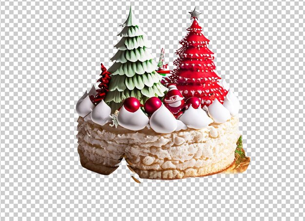 PSD pastel de navidad decorado con dulces figuras de árbol de navidad santa lleva ciervos trineo de abeto