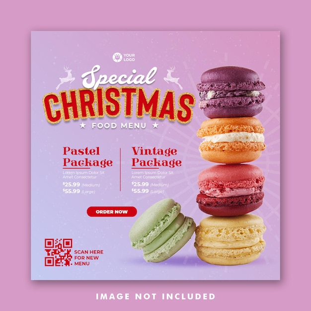 Pastel de navidad menú de comida plantilla de banner cuadrado de publicación de redes sociales