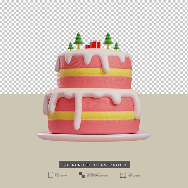 Pastel de Navidad rosa estilo arcilla con árbol y caja de regalo ilustración 3d