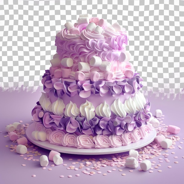 PSD un pastel púrpura y blanco con flores púrpuras y blancas en una mesa