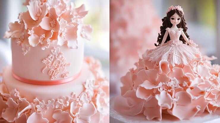 PSD pastel rosado de dos niveles adornado con delicadas flores de azúcar y una muñeca de fondant