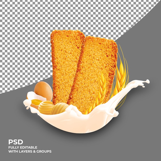 Pastel seco Rusk y huevo con salpicaduras de leche aisladas en el fondo psd