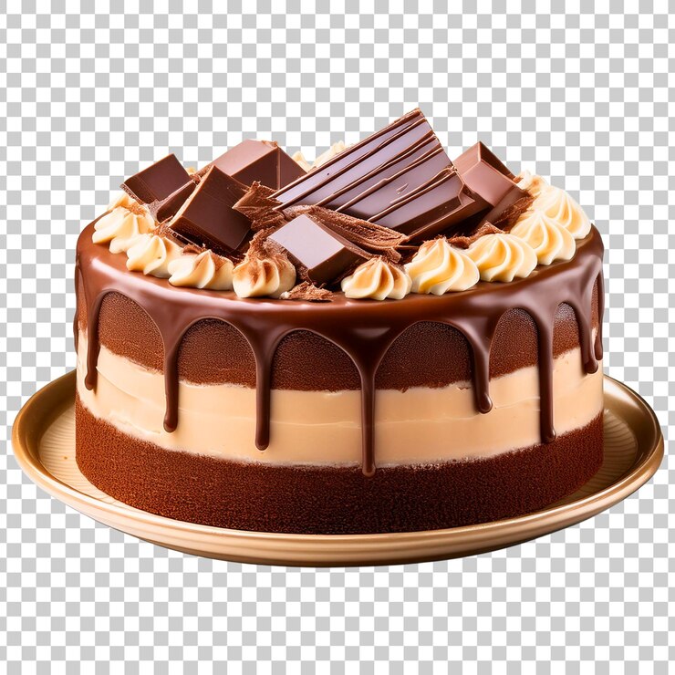 Pastel vertido con chocolate y decorado con diferentes galletas en un fondo transparente