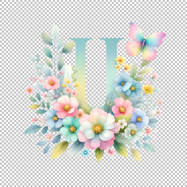 PSD pastel watercolor spring floral alphabet letter u with a butterfly