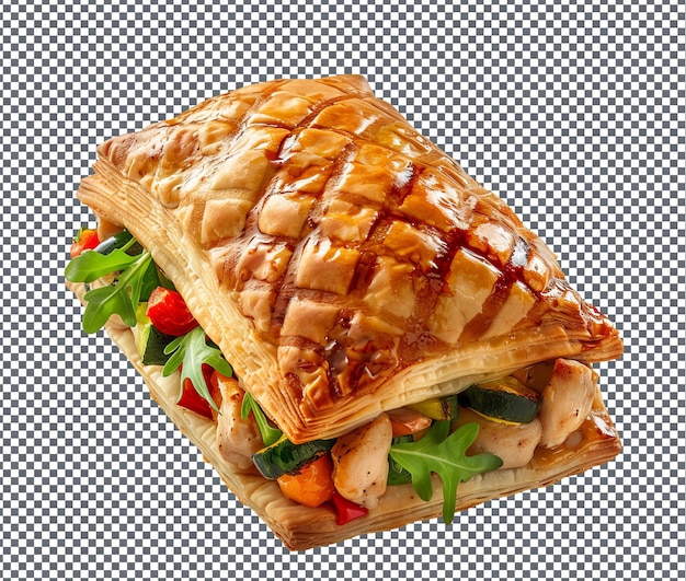 Pasticceria gustosa e deliziosa riempita di pollo e verdure isolate su uno sfondo trasparente