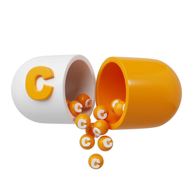 La pastilla o cápsula naranja llena de gránulos de vitamina C se vierte fuera de la pastilla abierta