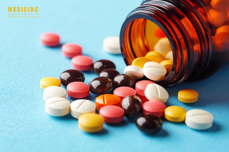 PSD pastillas y pastillas de colores en una mesa en un fondo médico primer plano de pastillas de color derramadas
