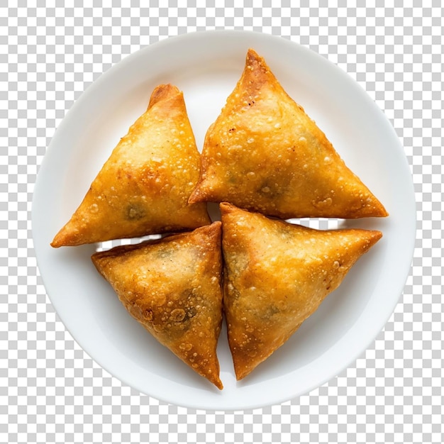 Patata samosa lanches indianos em prato branco vista superior isolada em fundo transparente