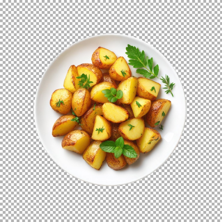 PSD patatas asadas doradas con hierbas frescas en un plato blanco