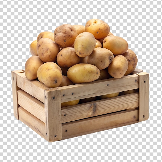 PSD patatas en cajas de madera aisladas sobre un fondo transparente