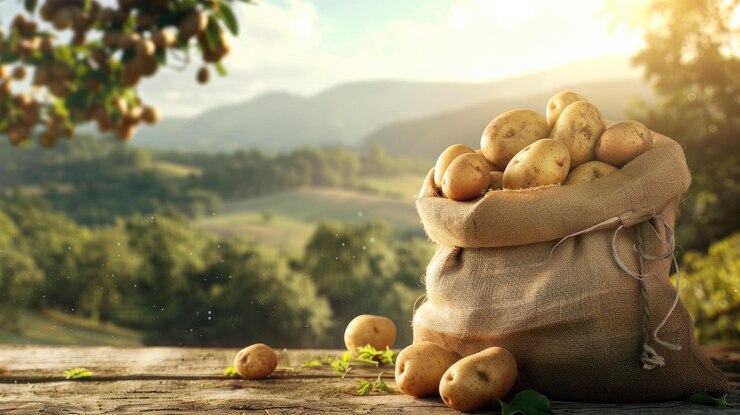 PSD patatas frescas en un saco de arpillera en una mesa de madera rústica con un fondo rural idílico 1