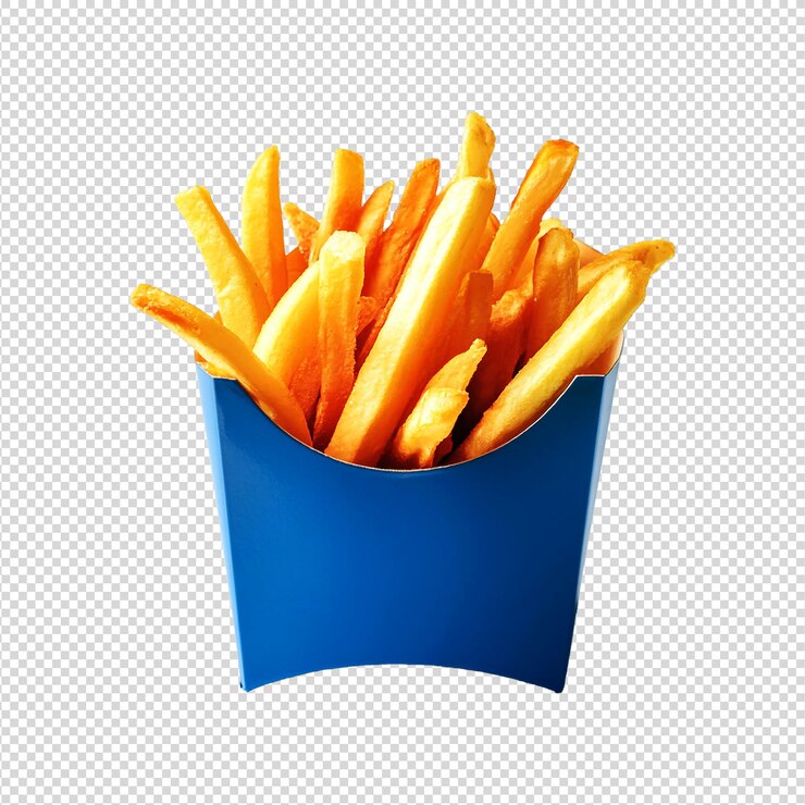 Patatas fritas en una caja azul con fondo transparente