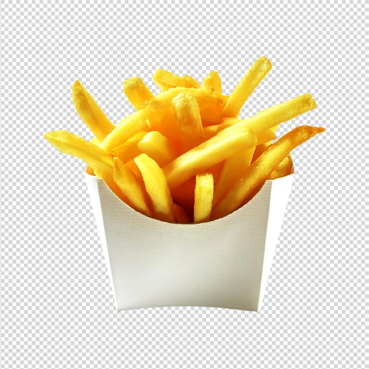 Patatas fritas en una caja blanca con fondo transparente