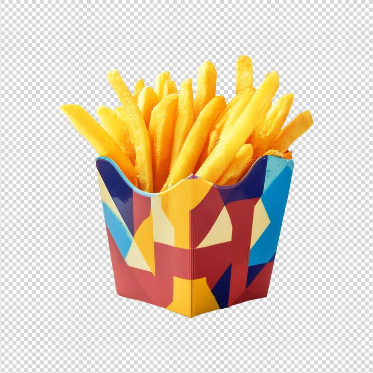 Patatas fritas en una caja colorida con fondo transparente