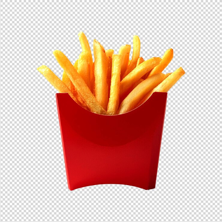 Patatas fritas en una caja de papel roja con fondo transparente