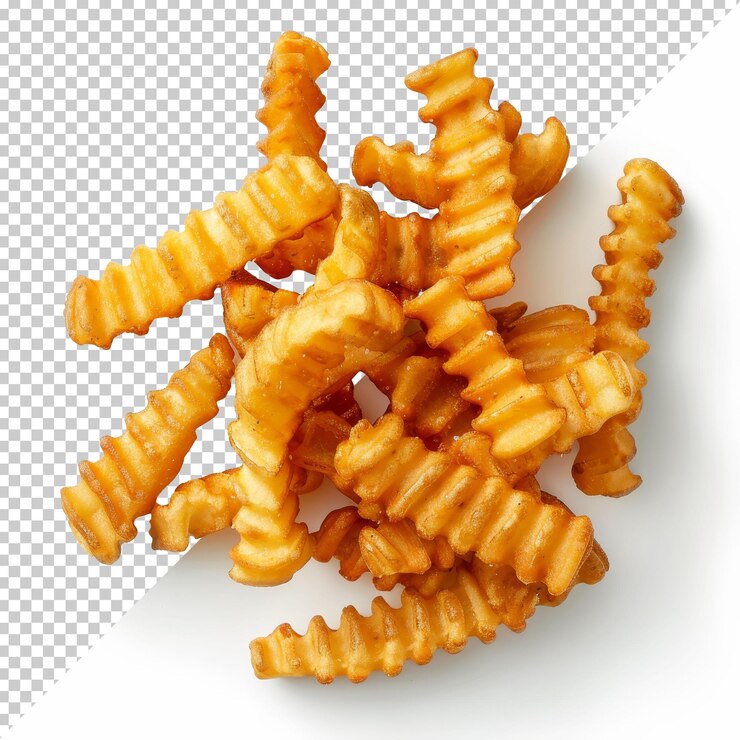PSD patatas fritas crinklecut servidas sobre un fondo blanco que muestran su color dorado y su textura única, ideales para sumergirse y merendar.