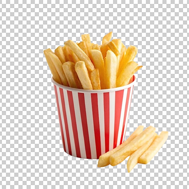 Patatas fritas doradas en una taza de papel a rayas rojas y blancas