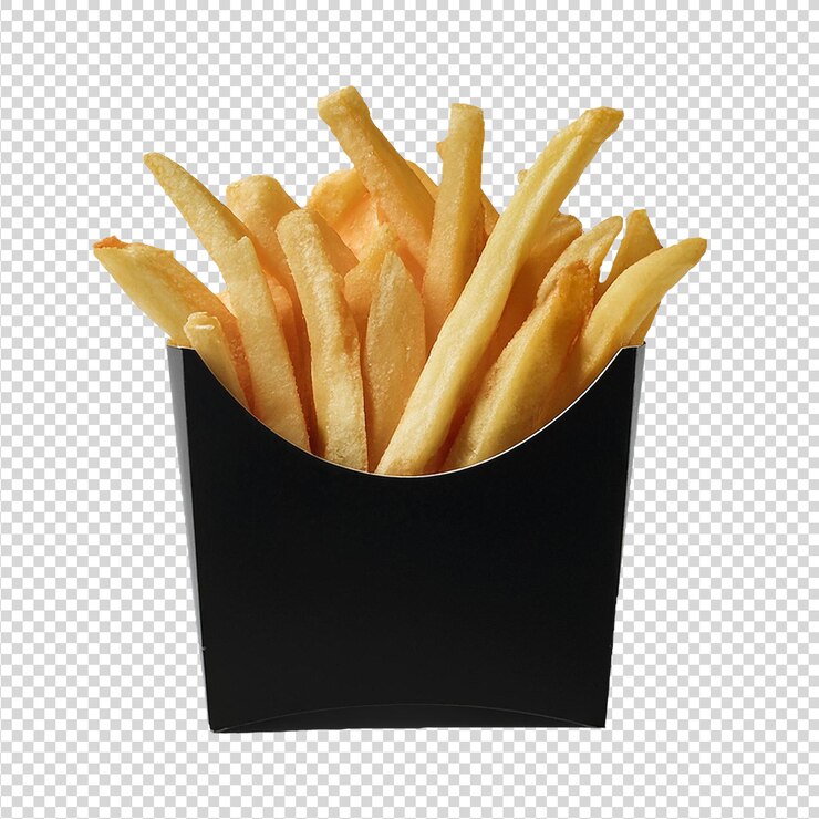 Patatas fritas en envases de caja de papel negro sobre un fondo transparente