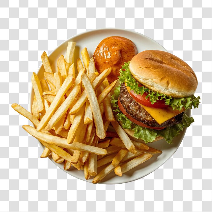 Patatas fritas con hamburguesa de queso aisladas sobre un fondo transparente