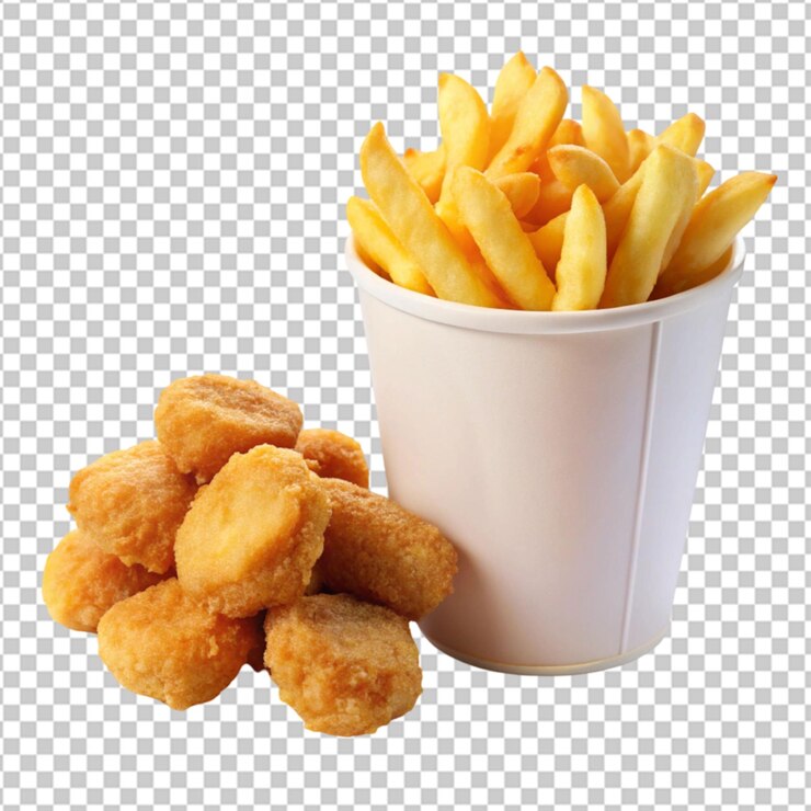 PSD patatas fritas y patatas fritas en una caja sobre un fondo transparente