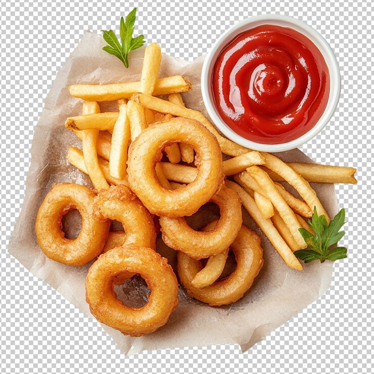 PSD patatas fritas con salsa en una canasta redonda sobre un fondo transparente