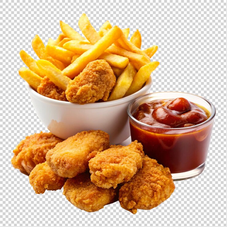 PSD patatas fritas con salsa en una canasta redonda sobre un fondo transparente