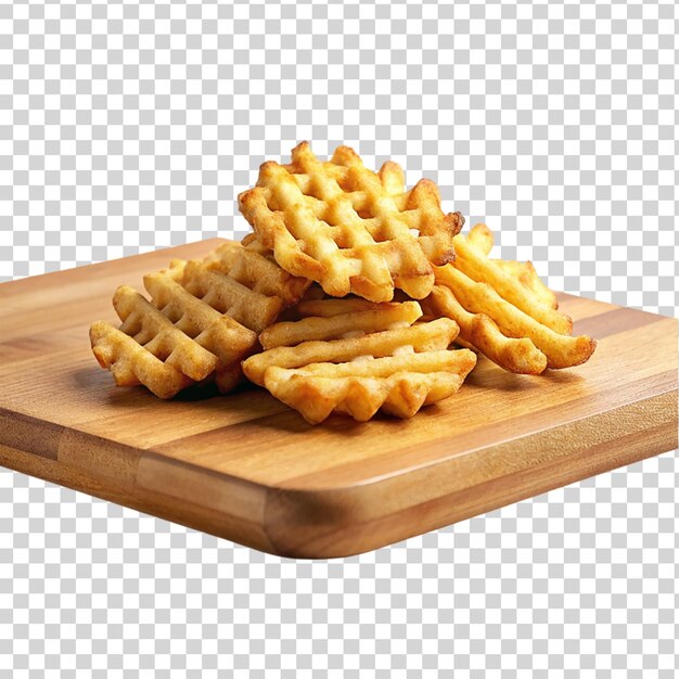 Patatas fritas de waffle en una tabla de cortar de madera aislada sobre un fondo transparente