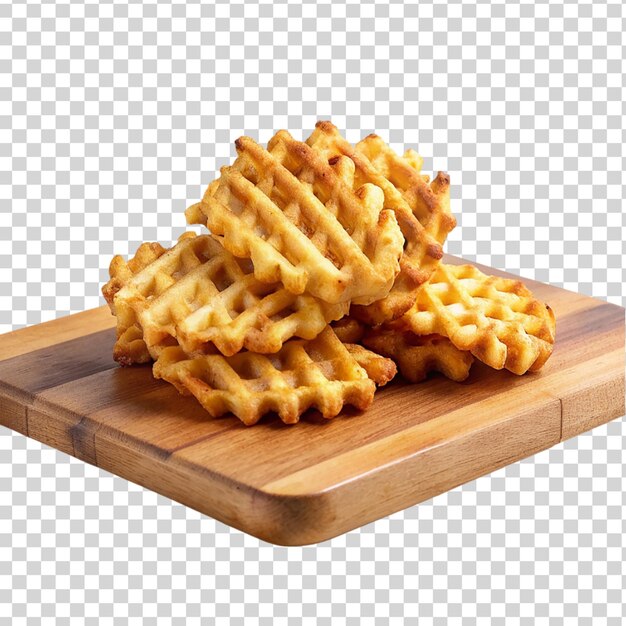 PSD patatas fritas de waffle en una tabla de cortar de madera aislada sobre un fondo transparente