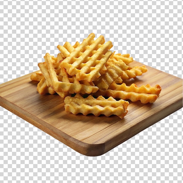 PSD patatas fritas de waffle en una tabla de cortar de madera aislada sobre un fondo transparente