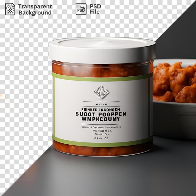 las patatas, los macarrones y la pasta de queso se presentan en una mesa gris acompañados de un cuenco blanco y un frasco de vidrio con una etiqueta verde y blanca.