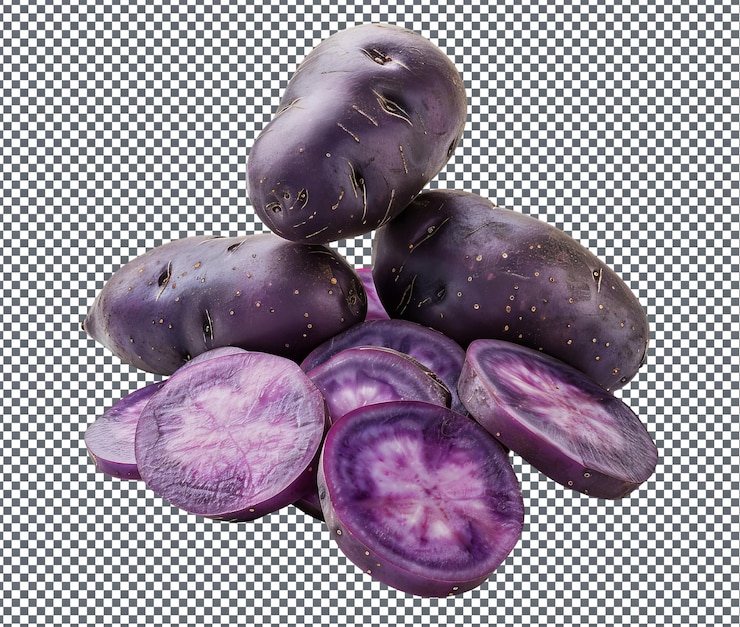 PSD patatas púrpuras con sabor aisladas sobre un fondo blanco