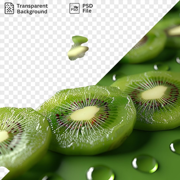 PSD patatas rebanadas de kiwi jugosos con gotas de agua sobre un fondo verde