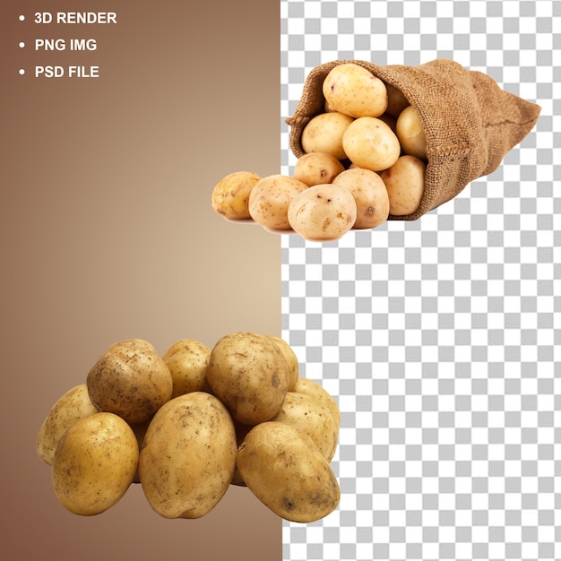 Patate che si riversano dal sacco Immagine renderizzata in 3D