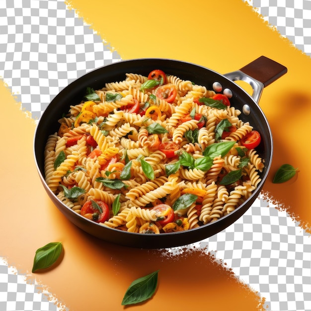 PSD pâtes fusilli aux légumes et basilic cuisant sur une cuisinière noire