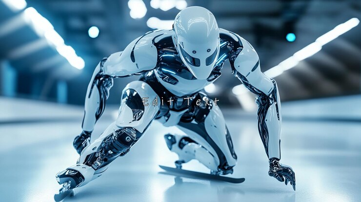 PSD un patinador de velocidad robot futurista en el hielo
