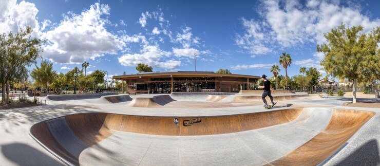 PSD un patinador viaja a través de un halfpipe en un parque de patinaje