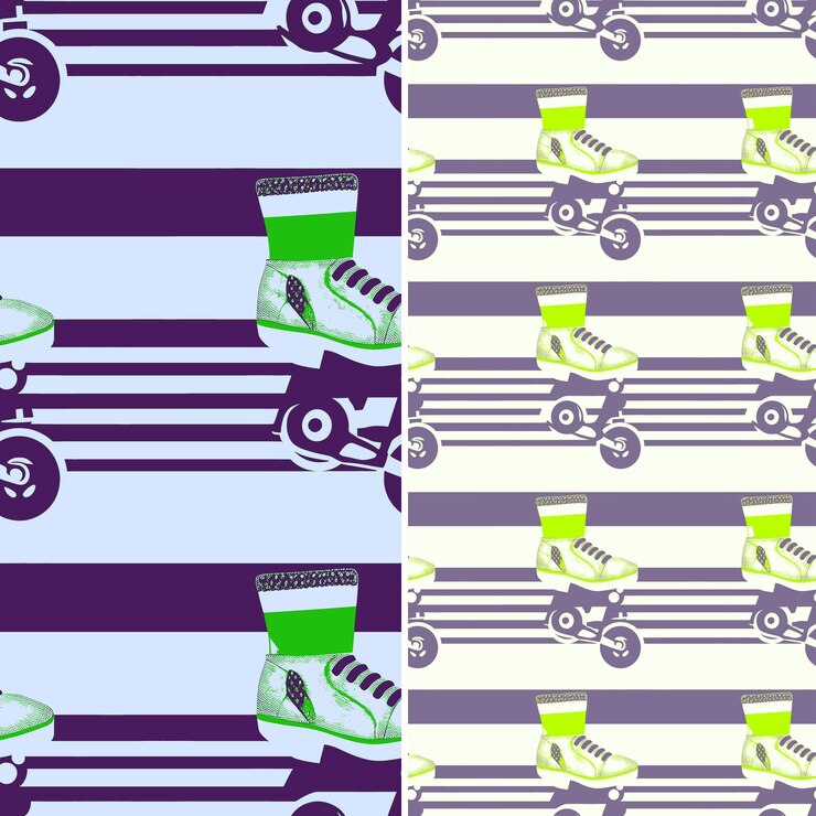 PSD patines de rodillos con formas de rueda y diseño retro con diseños de patrones vectoriales de ilustración de rayas